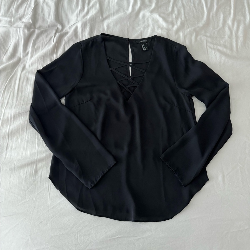 Black Long Sleeve Lace-Up Blouse